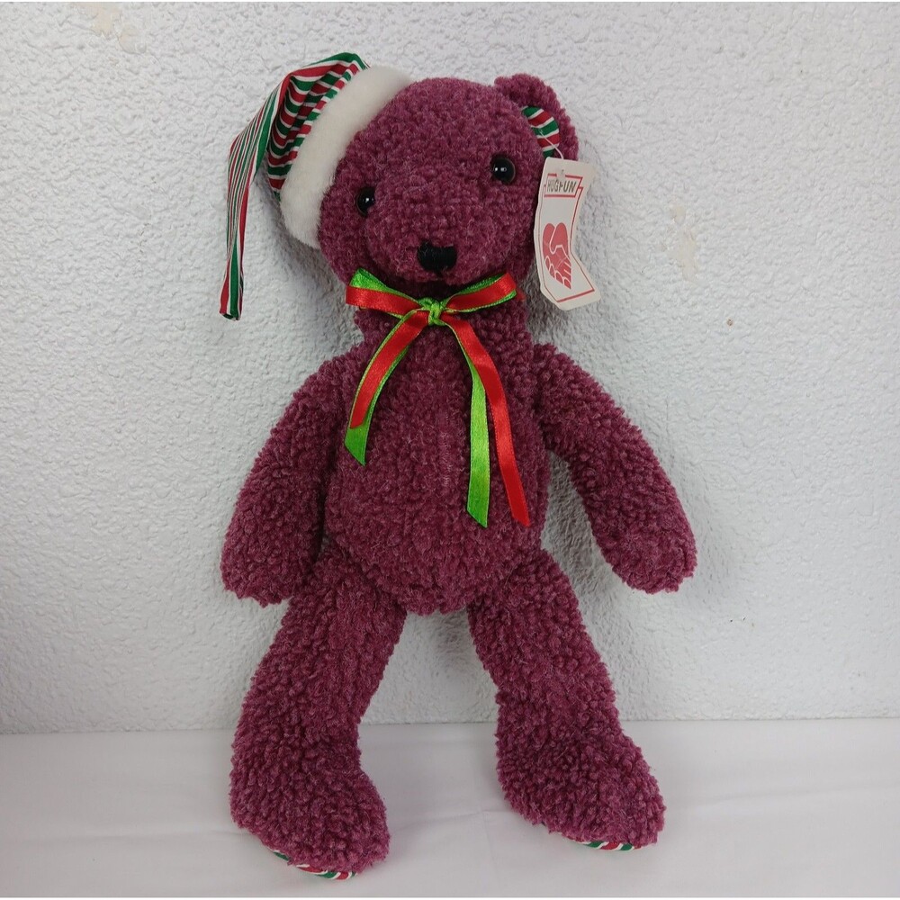 HugFun Holiday Bear Plush Plum Wooly Fur Red Green Stripe Satin Cap & Paws